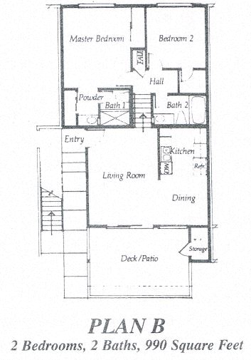 Floor plan for 2 beds, 2 baths, 990 sqft